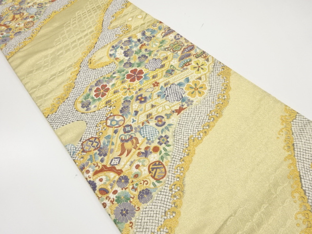 JAPANESE KIMONO / ANTIQUE FUKURO OBI / SILK / WOVEN FLORAL RAFT & TREASURES